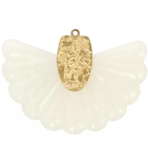 28.5x40mm 316L Stainless Steel and Resin Fan Pendant - Marbled Ecru - Gold x1