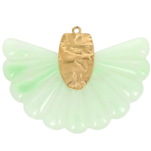 28.5x40mm 316L Stainless Steel and Resin Fan Pendant - Mint marbled - Gold x1