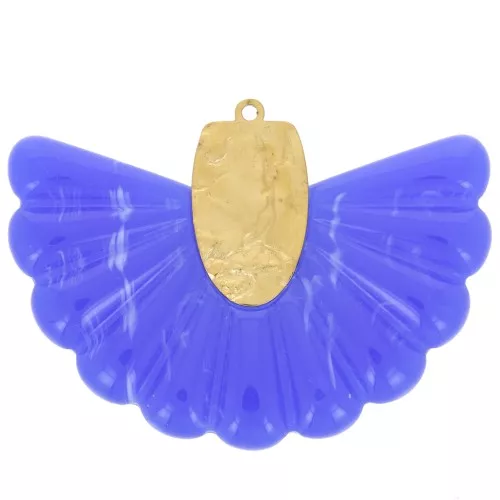 28.5x40mm 316L Stainless Steel and Resin Fan Pendant - Royal Blue - Gold x1