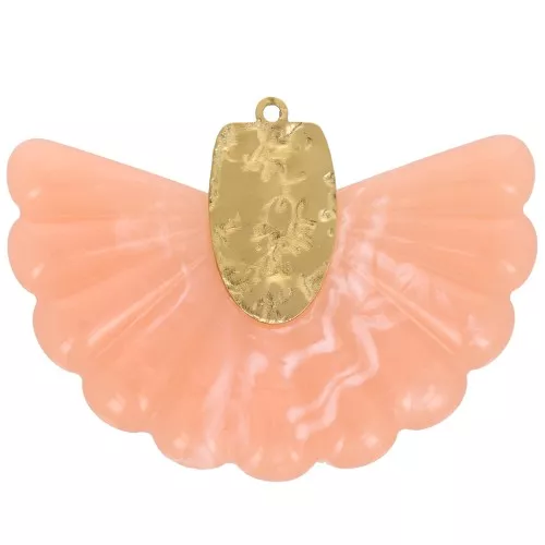 28.5x40mm 316L Stainless Steel and Resin Fan Pendant - Coral - Gold x1