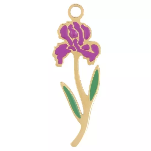 Birth Flower Pendant 21x7 mm - February - Iris - Gold-Plated 316L Stainless Steel