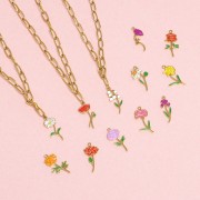 21x7mm Stainless steel 316L Birth flower pendant - February - Purple - Gold x1