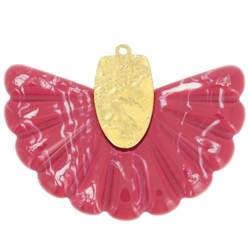 28.5x40mm 316L Stainless Steel and Resin Fan Pendant - marbled red - Gold x1