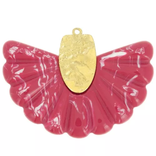 28.5x40mm 316L Stainless Steel and Resin Fan Pendant - marbled red - Gold x1