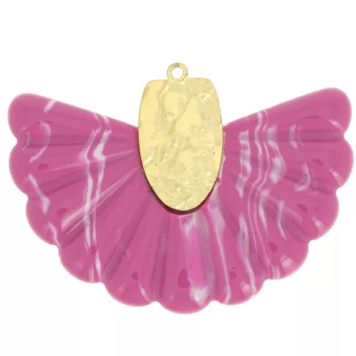 28.5x40mm 316L Stainless Steel and Resin Fan Pendant - Marbled Fuchsia - Gold x1