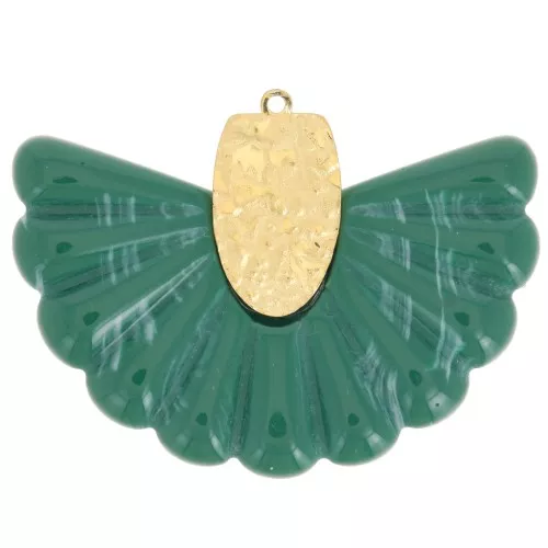 28.5x40mm 316L Stainless Steel and Resin Fan Pendant - Marbled Green - Gold x1