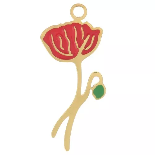 Birth flower pendant 22x9.5 mm - August - Poppy - Stainless steel 304L Gilded