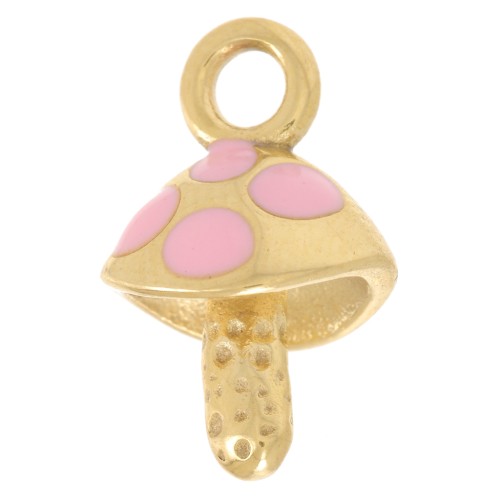 Mushroom charm 15x9 mm - Epoxy resin - 304L stainless steel - Gold - Pink