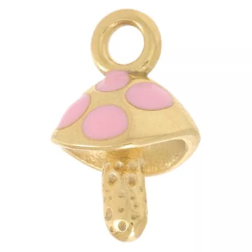 Mushroom charm 15x9 mm - Epoxy resin - 304L stainless steel - Gold - Pink