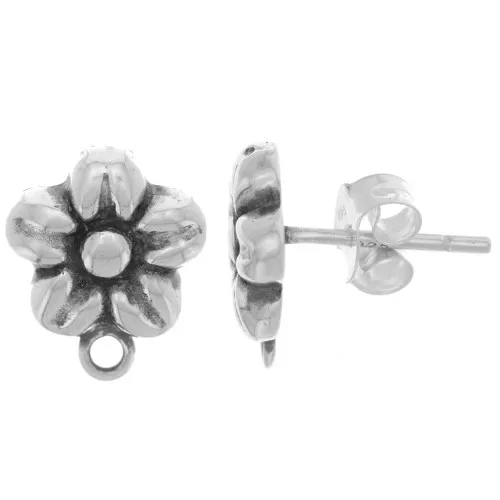 12x10mm 925 Sterling Silver Flower earstuds with closed ring - Oxidized x2