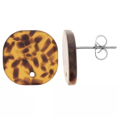 15mm Rounded square acrylic earstuds - Terrazzo Brown - Black x2