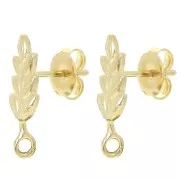 17x7mm Leaf studs with open ring - Fine Gold-plated x2