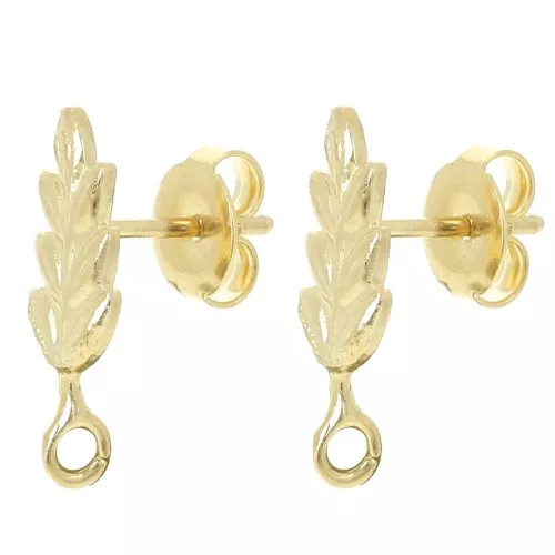 17x7mm Leaf studs with open ring - Fine Gold-plated x2