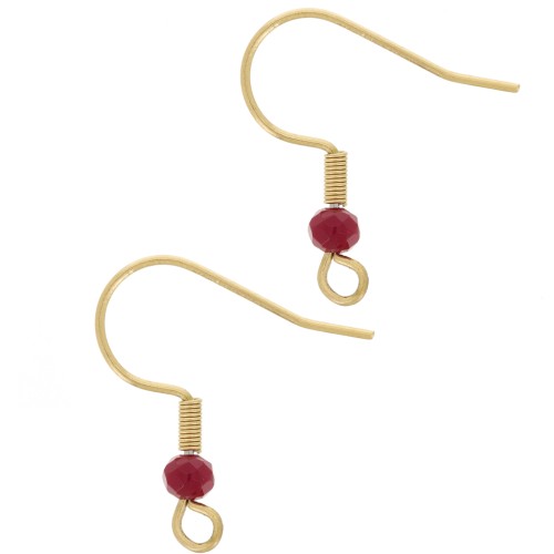 20mm 304L stainless steel faceted glass bead earwires - Gold - Red x2