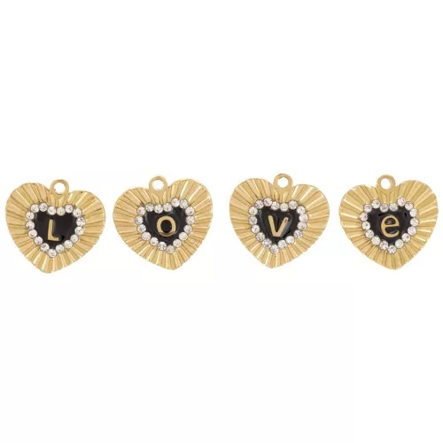 10.5x11mm 316L st. steel Set of 4 heart charms - Love - with rhinestones x1
