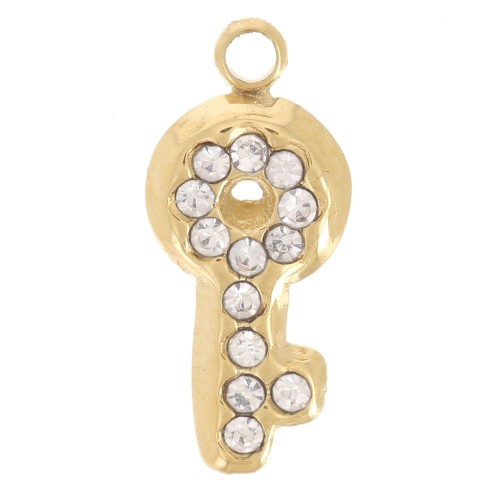 12x5mm Stainless steel 304L Key charm with rhinestones - Gold x1