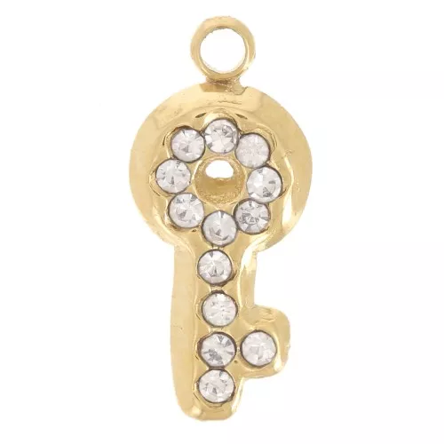 12x5mm Stainless steel 304L Key charm with rhinestones - Gold x1
