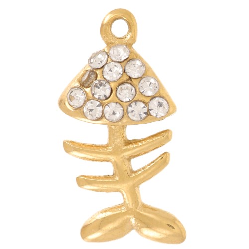 14x7mm Stainless Steel 316L Fishbone Charm with rhinestones - Gold x1