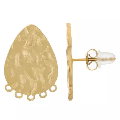 19x13mm 316L stainlesHammered drop earstuds with 5 rings - Gold x2