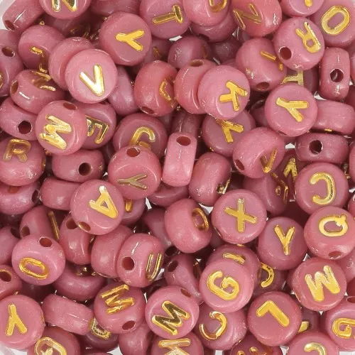 Assortment of 7mm flat beads alphabet letters - Dark pink - Gold x1