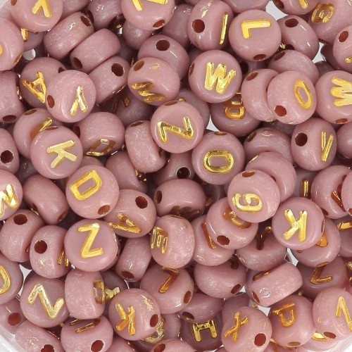 Assortment of 7mm flat beads alphabet letters - Antique pink - Gold x1