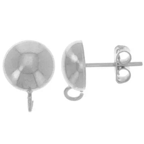 10mm half-ball stud earrings with open hoop - Silver tone plating x2