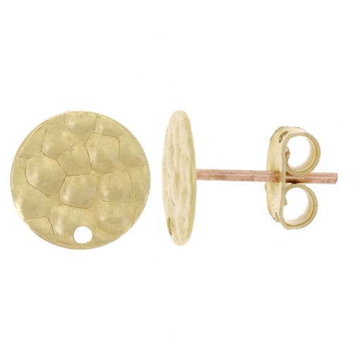 10mm Hammered disc earstuds with hole - Rough brass x2