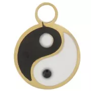 10mm 316L st. steel round charm with epoxy resin - Yin and Yang motif - Gold x1