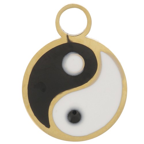 10mm 316L st. steel round charm with epoxy resin - Yin and Yang motif - Gold x1
