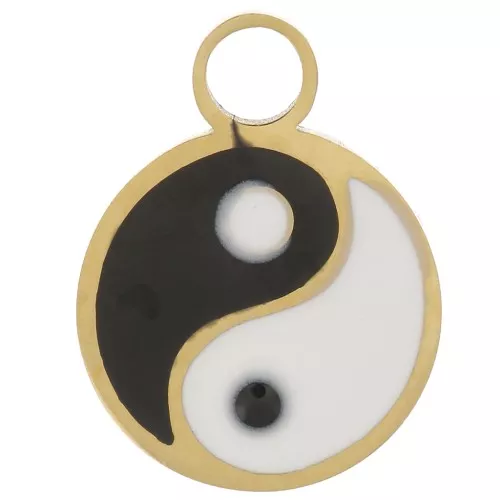 10mm 316L st. steel round charm with epoxy resin - Yin and Yang motif - Gold x1