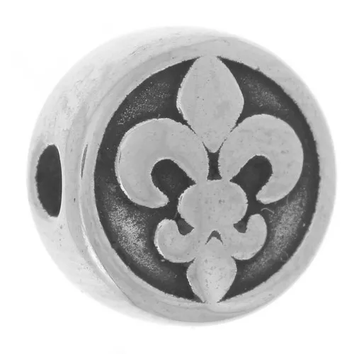 10mm 304L stainless steel round Flat bead - Fleur de Lys pattern x1