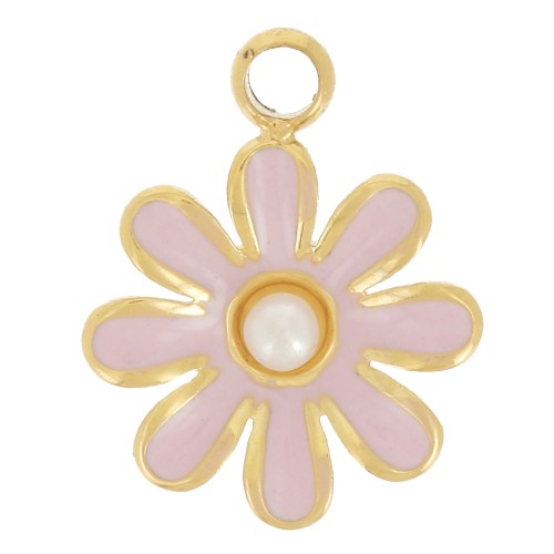 7.5mm flower charm with imitation mother-of-pearl cabochon, 304L gold-plated stainless steel x1