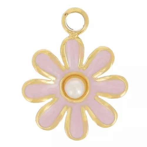 7.5mm flower charm with imitation mother-of-pearl cabochon, 304L gold-plated stainless steel x1