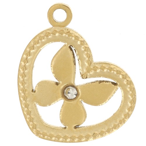 Heart-shaped charm with butterfly pattern, 12x9 mm - Gold-plated 304 stainless steel x1