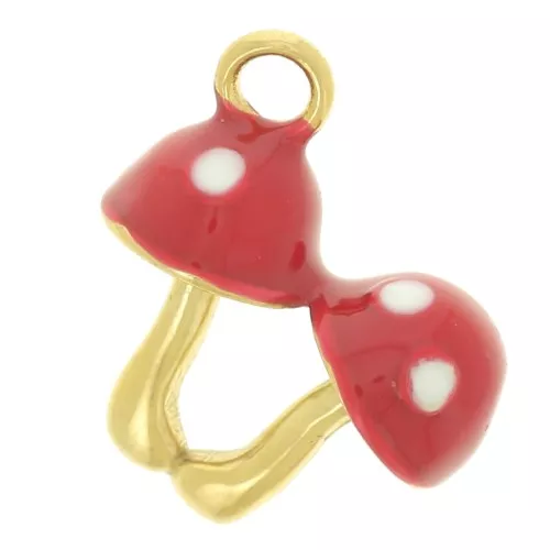12x11mm 304L stainless steel Mushroom charm with epoxy resin - Gold - Red x1