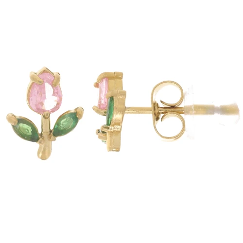8x7mm 304L Stainless Steel Flower Earrings Zirconium Oxides - Gold - Pink x2