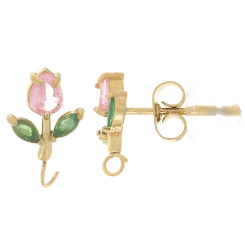 11x7mm Flower EarStuds Open Hoop & CZ Stainless Steel 304L - Gold - Pink x2