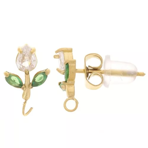 11x7mm Flower EarStuds Open Hoop & CZ Stainless Steel 304L - Gold - Crystal