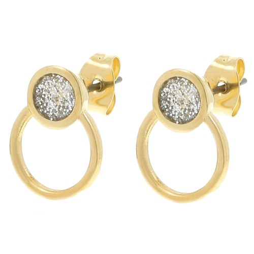 14x11mm epoxy resin Circle earrings - Fine gold plated - Silver glitter x1