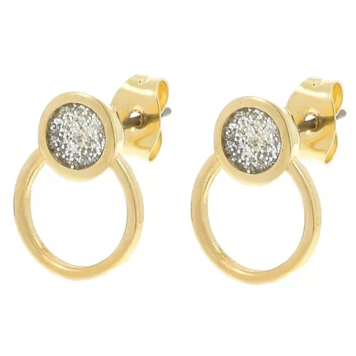 14x11mm epoxy resin Circle earrings - Fine gold plated - Silver glitter x1