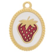 19x14mm Oval pendant - Strawberry pattern - Fine gold plated - White - Red x1|raw }}