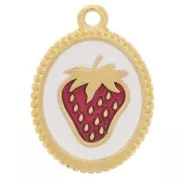 19x14mm Oval pendant - Strawberry pattern - Fine gold plated - White - Red x1