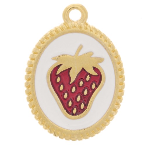 19x14mm Oval pendant - Strawberry pattern - Fine gold plated - White - Red x1