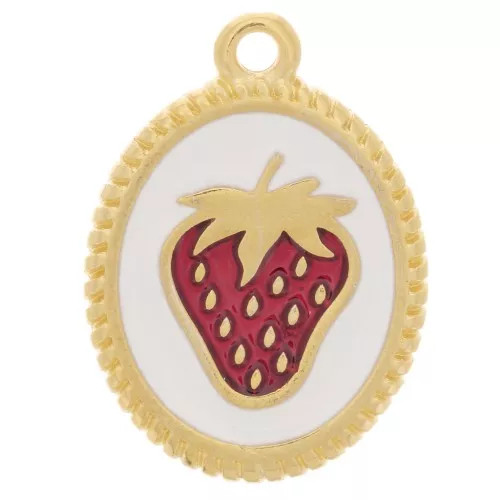 19x14mm Oval pendant - Strawberry pattern - Fine gold plated - White - Red x1