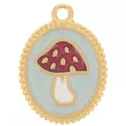 19x14mm Oval pendant - Mushroom pattern - Fine gold plated - Blue - Red x1