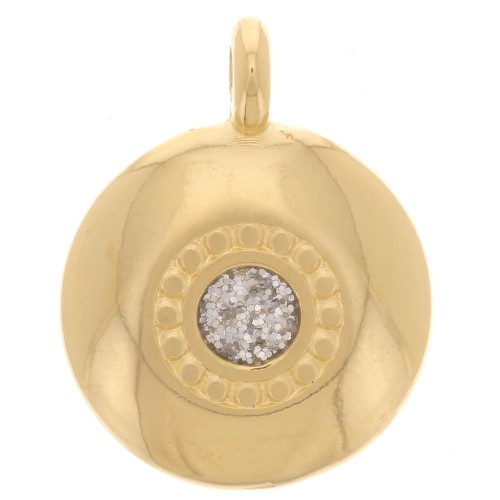 13.5mm round charm with epoxy resin - Fine gold plated - Silver glitter x1