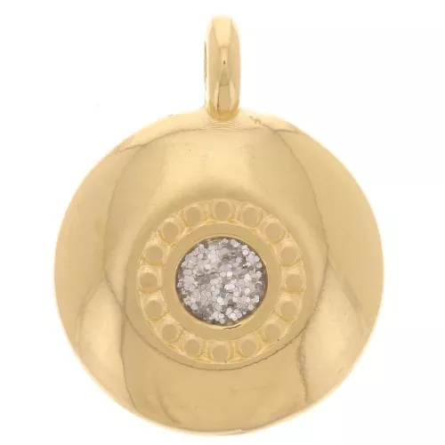13.5mm round charm with epoxy resin - Fine gold plated - Silver glitter x1