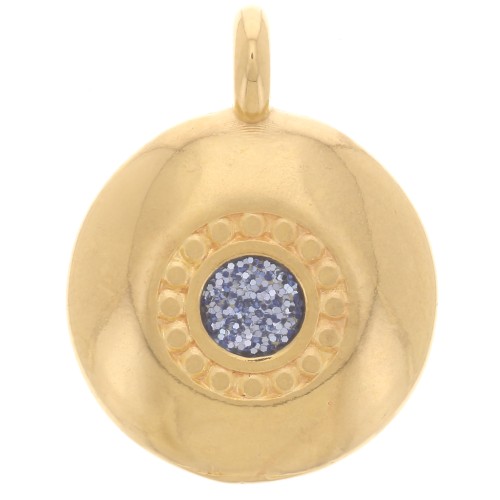 13.5mm round charm with epoxy resin - Fine gold plated - Grey glitter x1