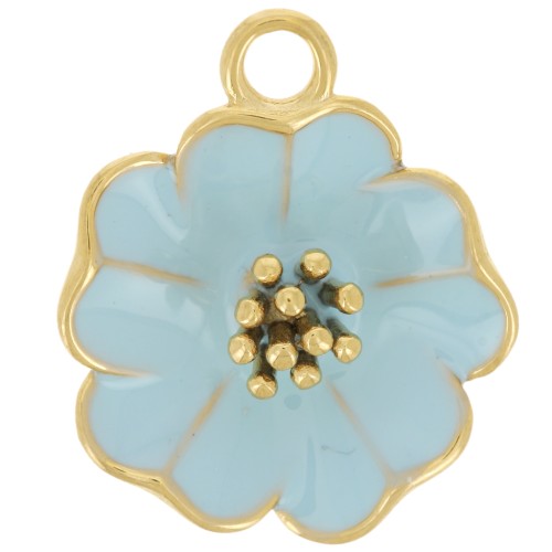 22mm flower pendant with epoxy resin - 304L stainless steel - Gold - Blue x1