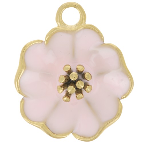 22mm flower pendant with epoxy resin - 304L stainless steel - Gold - Pink x1